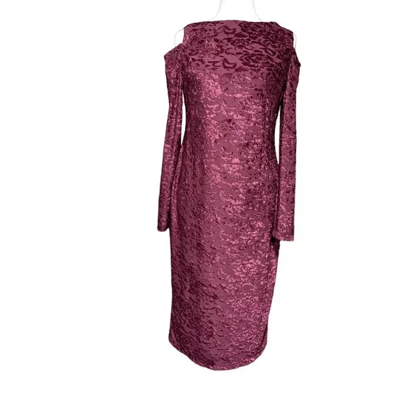 Maggy London | Dresses | Maggy London Womens 6 Maroon Velvet Patterned Cold  Shoulder Midi Dress